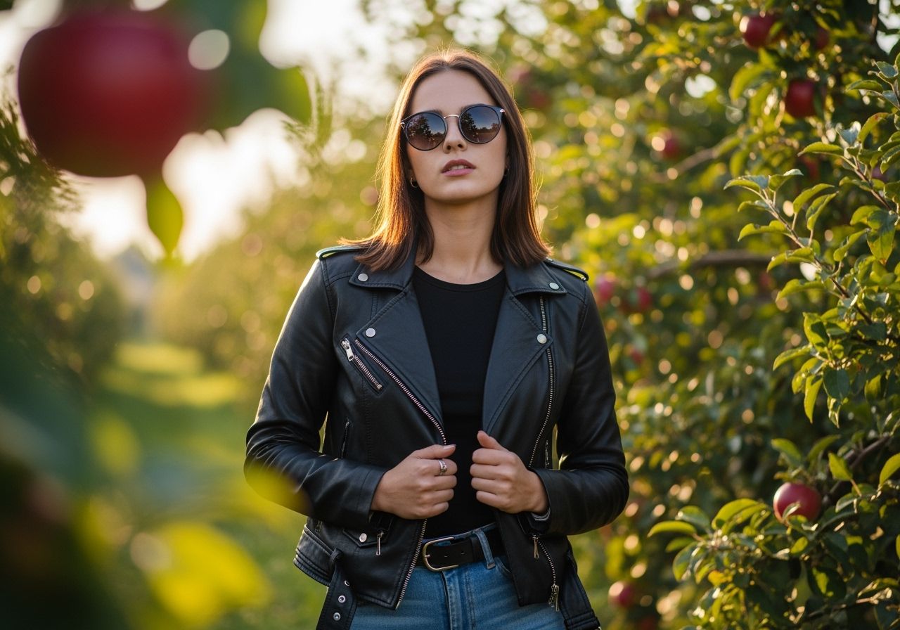 Žena v černé kožené bundě stojí v slunečném sadu plném červených jablek, rozostřené pozadí.