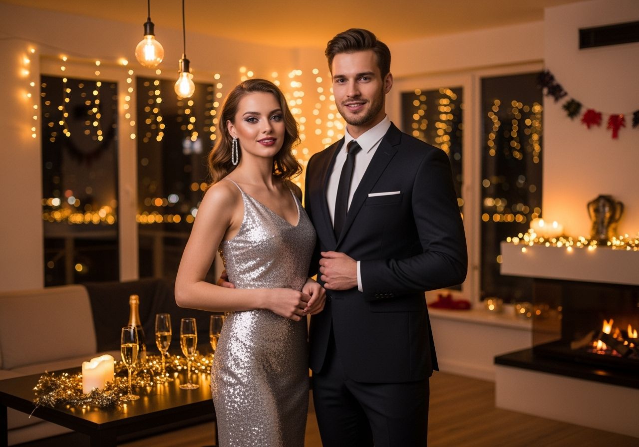 Mladý pár připravený na silvestrovskou oslavu v moderním obýváku s dekoracemi a výhledem na město.