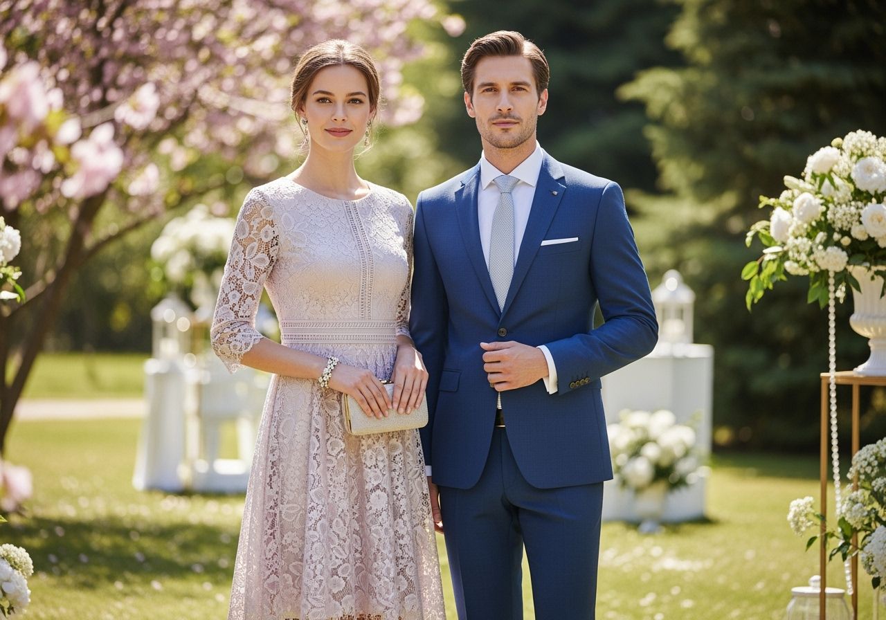 Elegantní svatební hosté stojí v zahradě za denního světla v obleku a pastelových šatech.