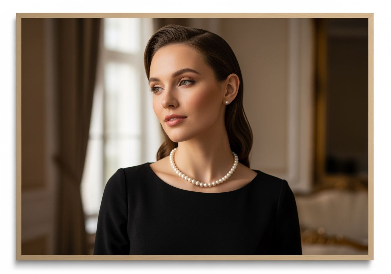 Žena v černých šatech s perlami na krku pózuje v elegantním interiéru s jemným osvětlením.