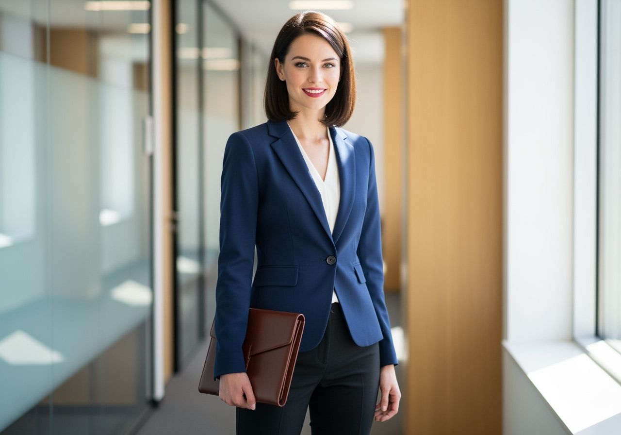 Mladá profesionální žena v kanceláři v tmavém saku s koženým portfoliem v ruce