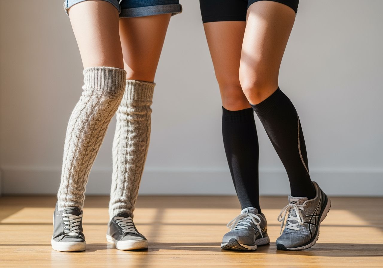 Detailní fotka noh ženských nohou v podkolenkách a teniskách na dřevěné podlaze uvnitř.