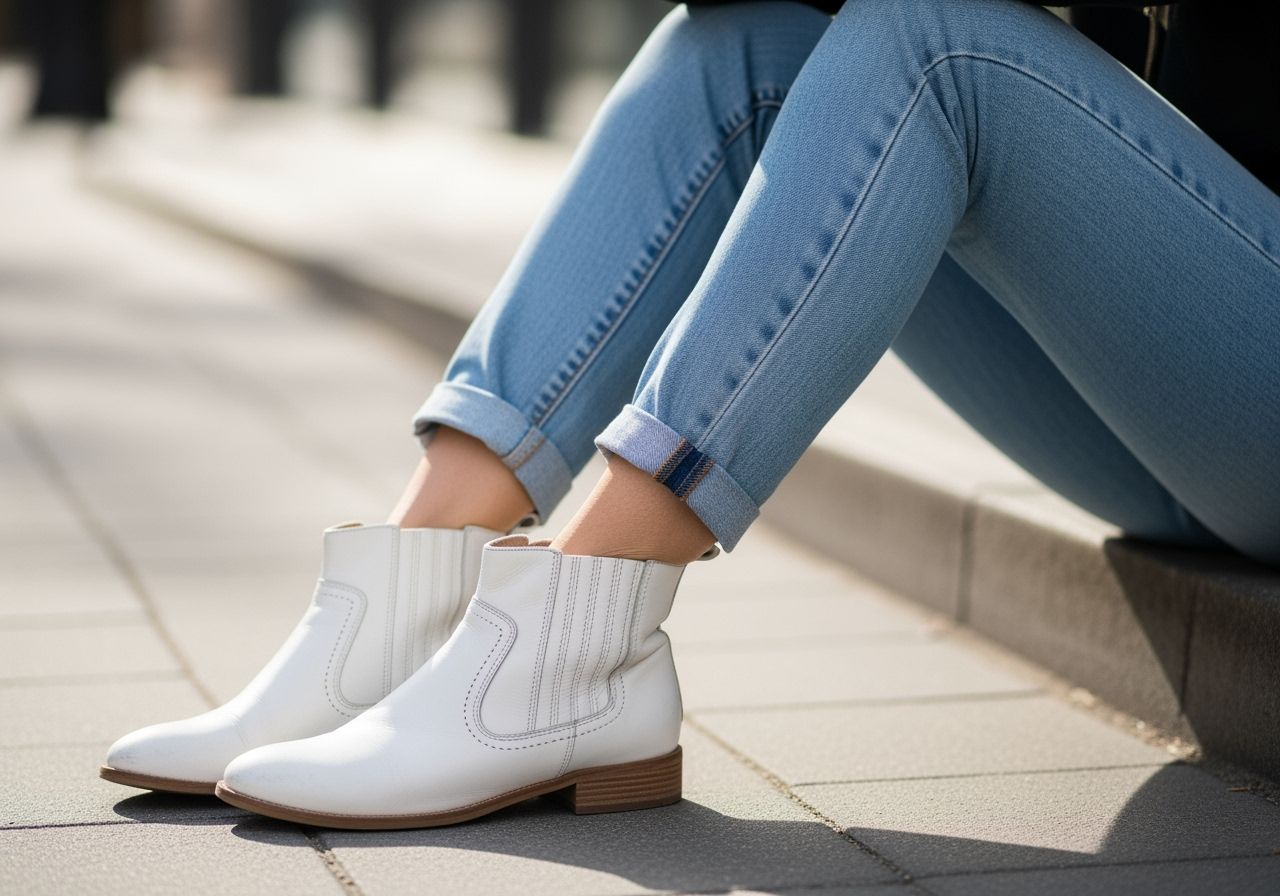 Žena sedí venku na chodníku v modrých džínech a bílých kožených kotníkových botách, městské prostředí