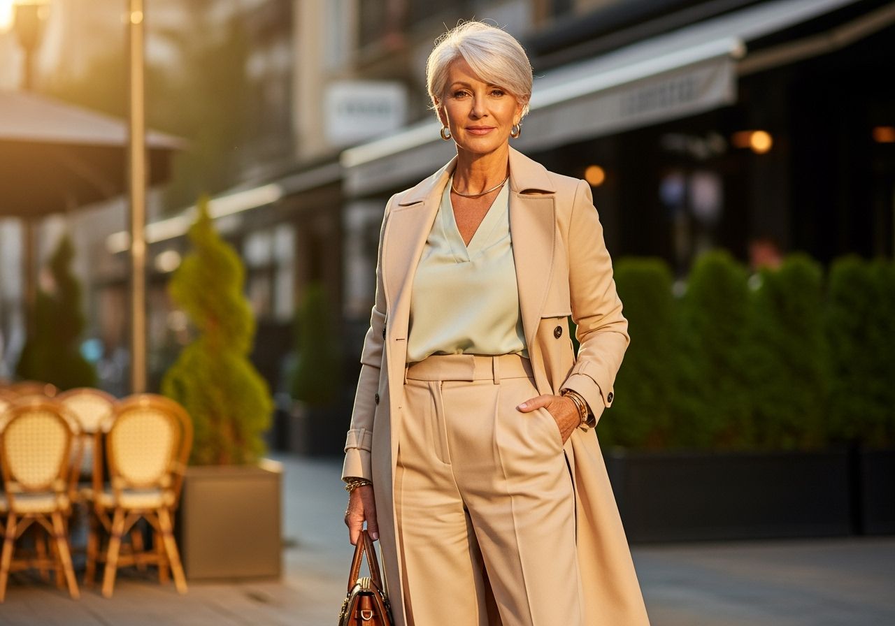 Stylová žena nad 60 v béžovém trenčkotu na městské ulici za zlaté hodiny.