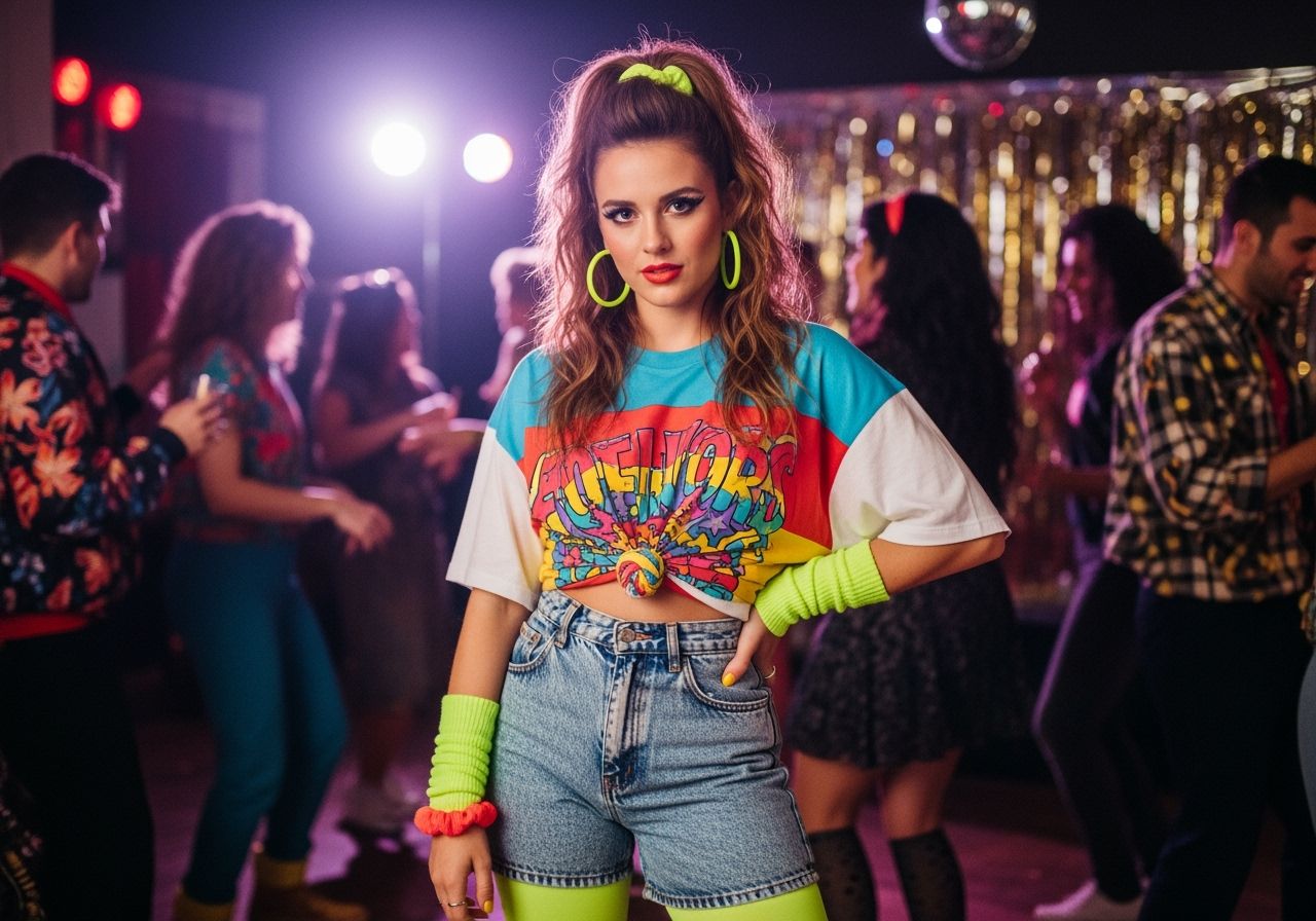 Mladá žena v 80. letech oblečená v neonových legínách na retro párty s tanečními dekoracemi
