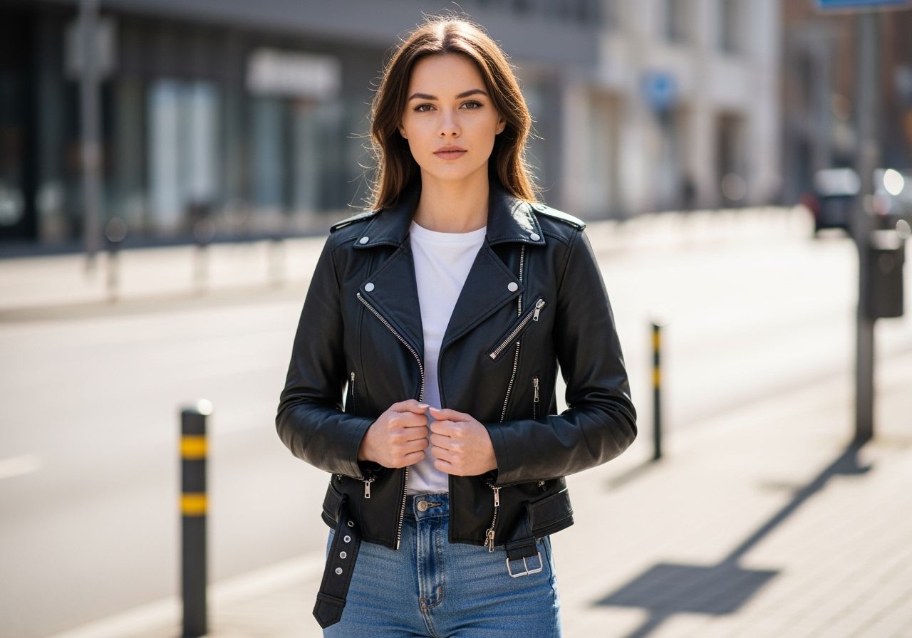 Mladá žena v černé kožené ramonesce stojí na ulici, zaměřeno na detaily bundy a texturu kůže