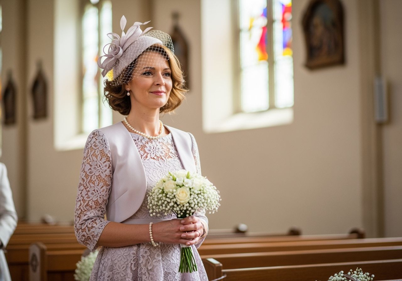 Kmotra v pastelových šatech drží kytici v jasném kostele při křtu, klidný výraz a elegantní klobouk