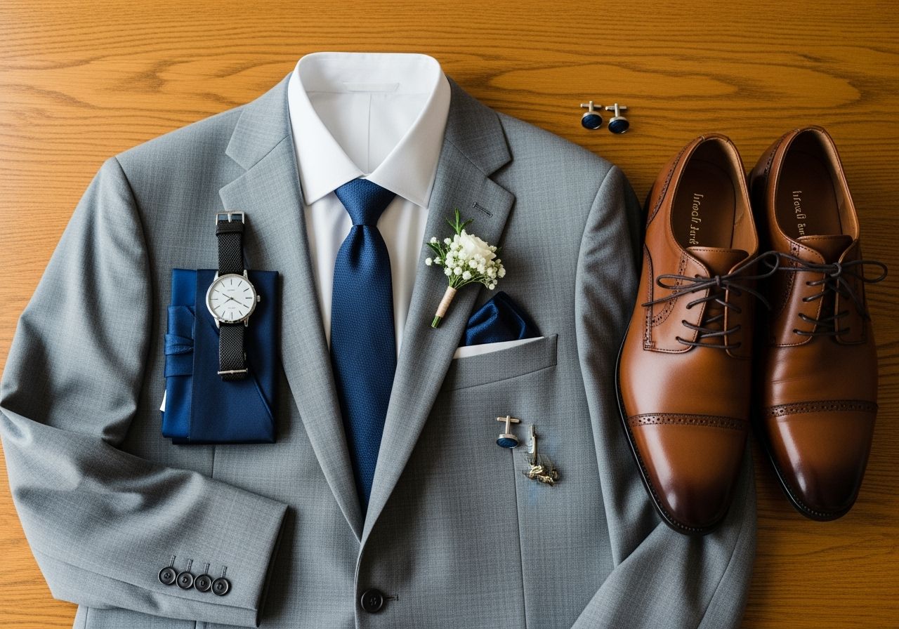 Svatební šedý oblek, bílá košile, modrá kravata, hnědé boty a stříbrné hodinky na dřevěném pozadí