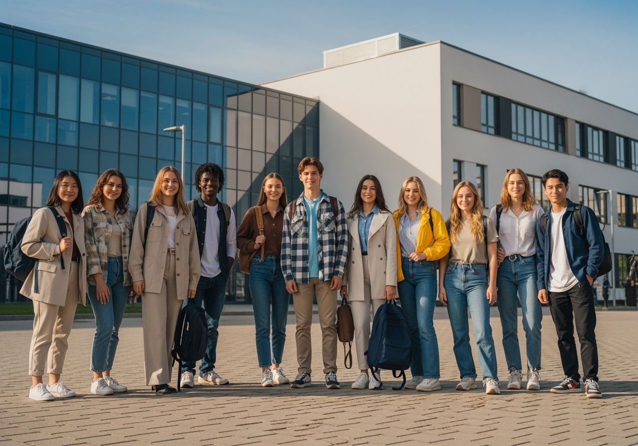 Skupina usmívajících se teenagerů před moderní školou v různém oblečení za jasného dne