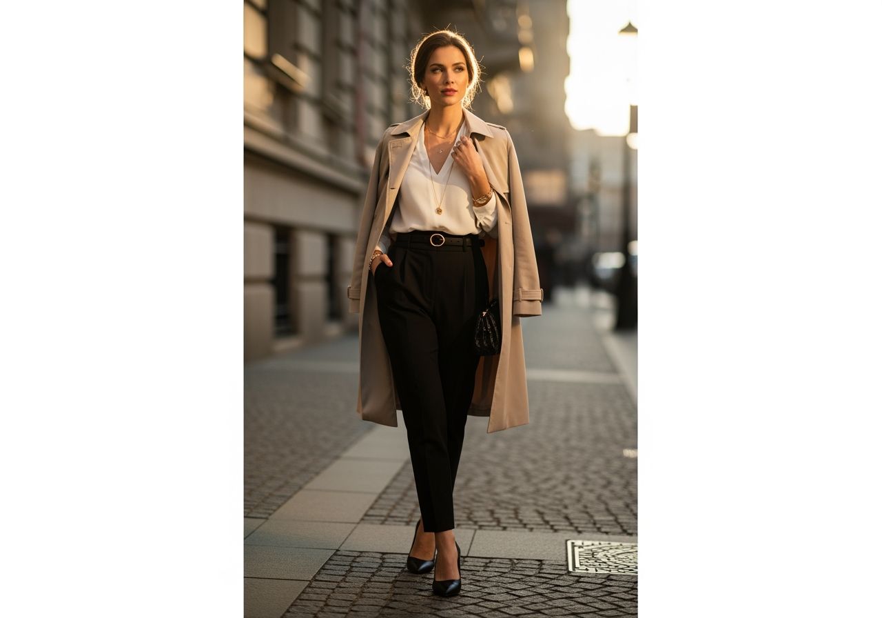 Elegantní žena v béžovém trenčkotu na městské ulici za zlaté hodiny.