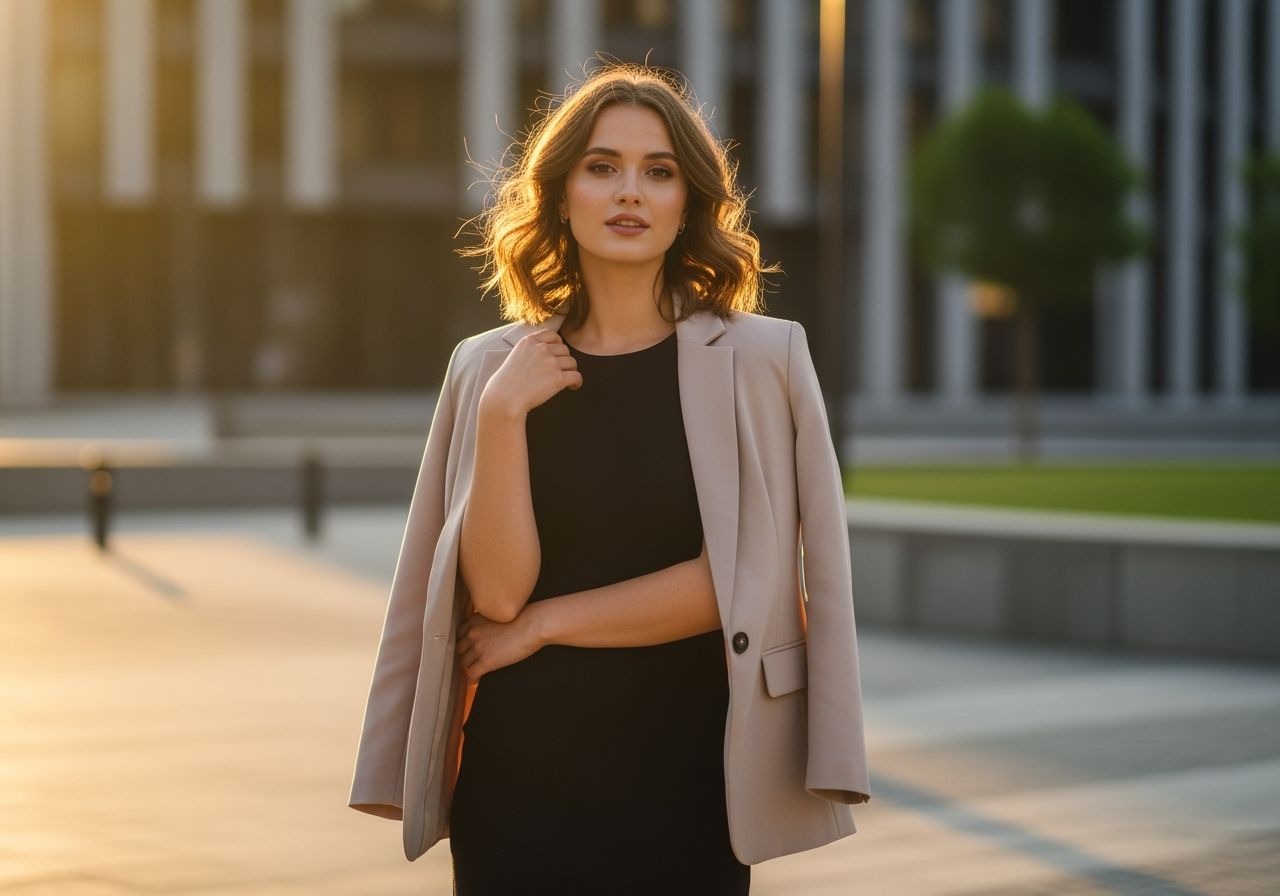 Stylová žena v černých šatech a béžovém saku na městské ulici při zlaté hodině