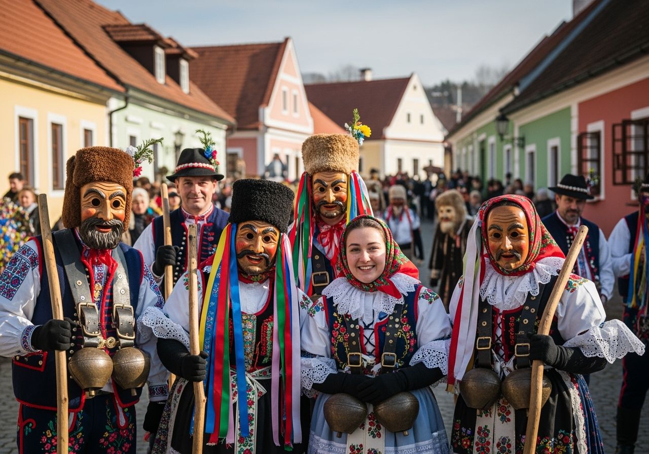 Masopustní masky a kroje na venkovní slavnosti před historickými domy za slunečného dne