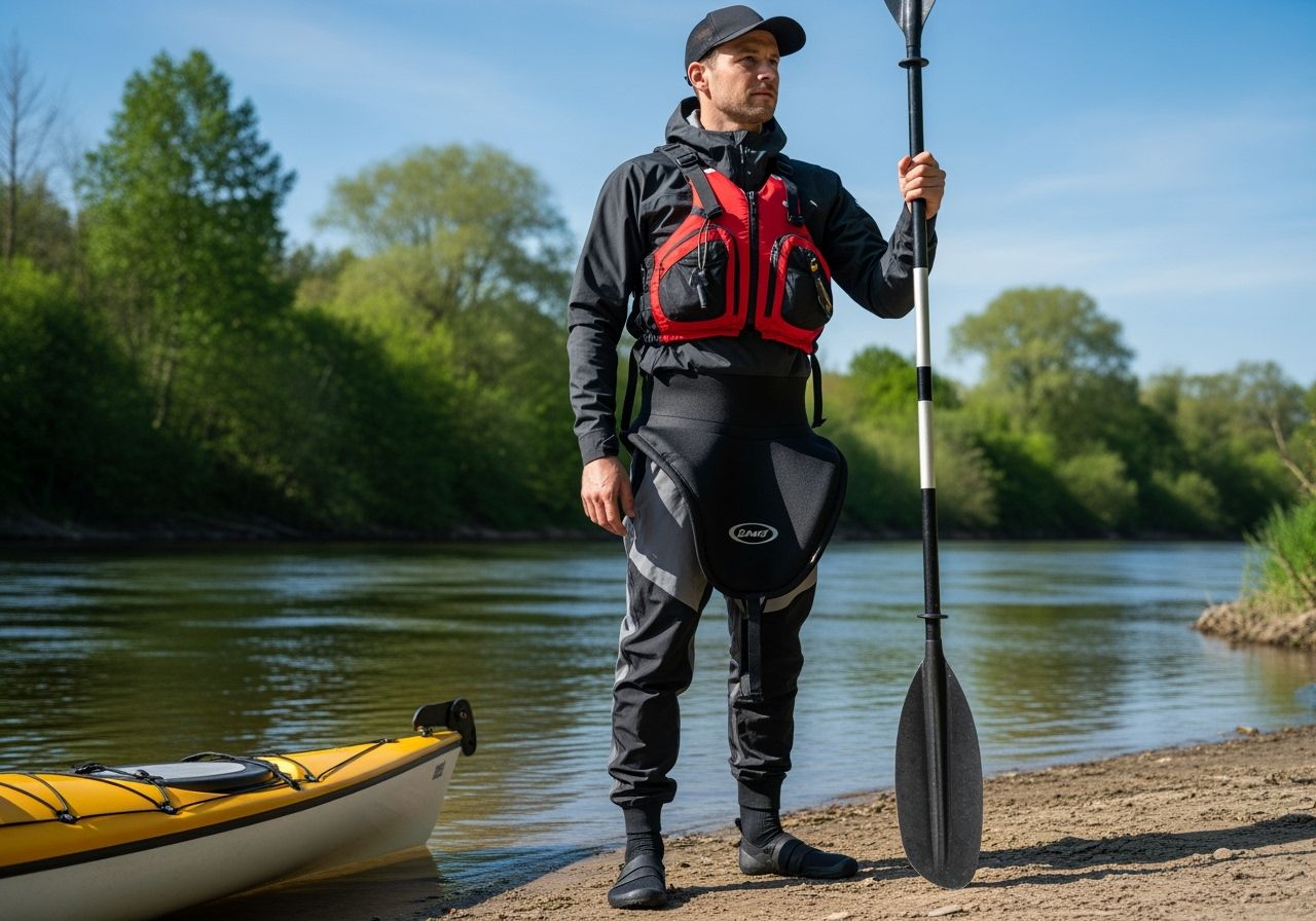 Osoba v kajakářském oblečení stojí u klidné řeky s pádlem a kajakem při jasném dni.