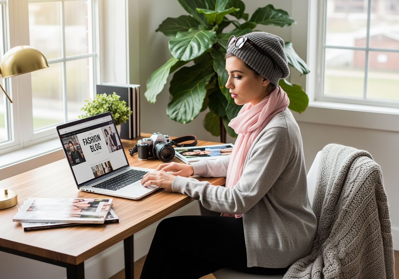 Mladá žena pracuje na laptopu v moderní domácí kanceláři s přírodními světlem a pokojovou rostlinou.