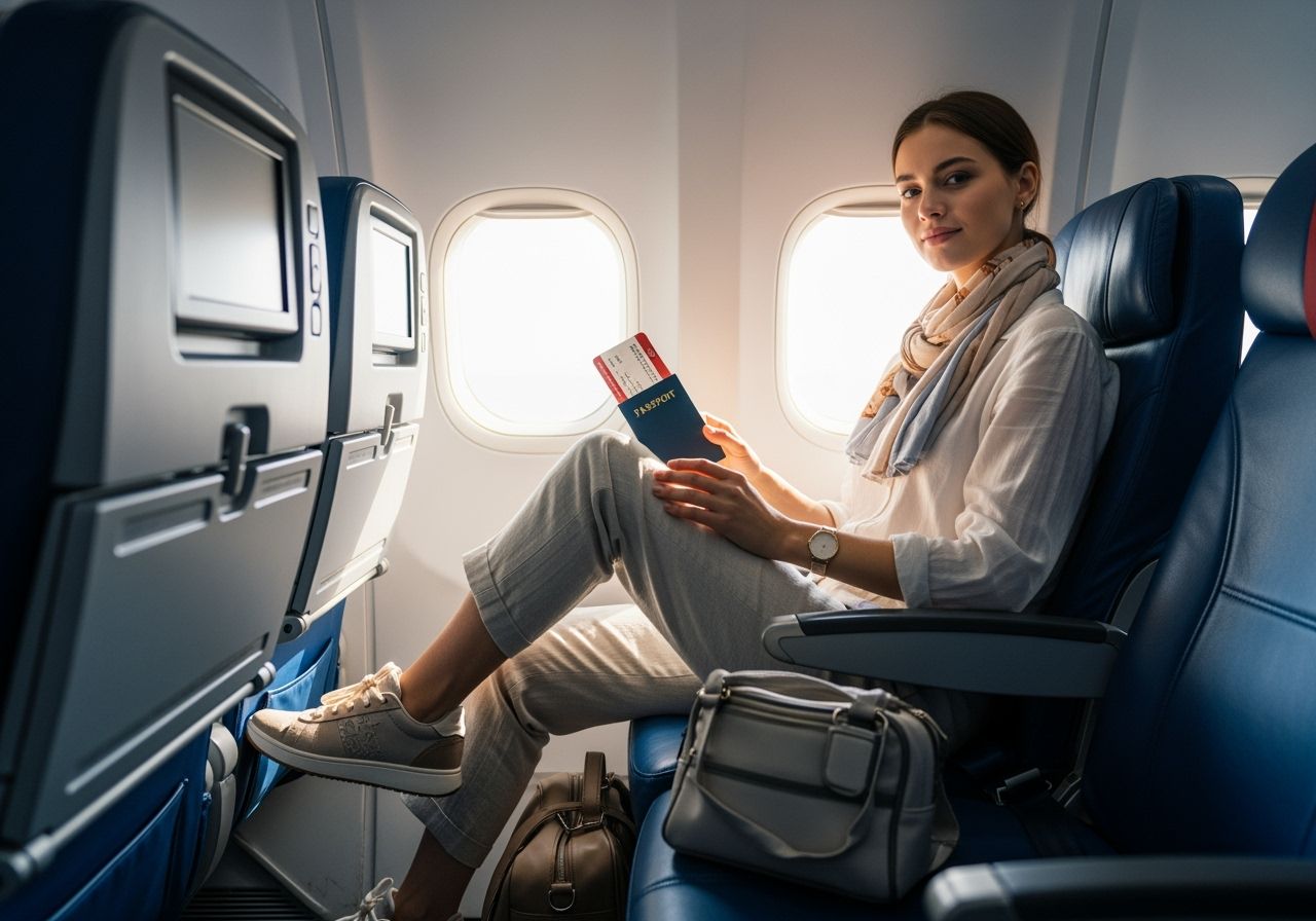 Mladá žena v pohodlném oblečení sedí u okna letadla s pasem a palubní vstupenkou v ruce.