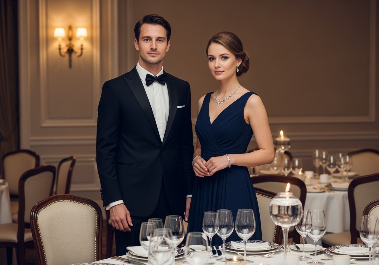 Muž v smokingu a žena ve večerních šatech na formální večeři u elegantně prostřeného stolu.