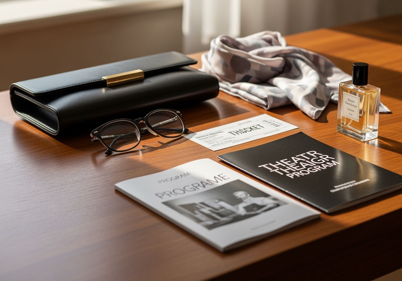 Plán na večer v divadle: psaníčko, šátek, brýle, vstupenka, parfém a program na dřevěném stole.