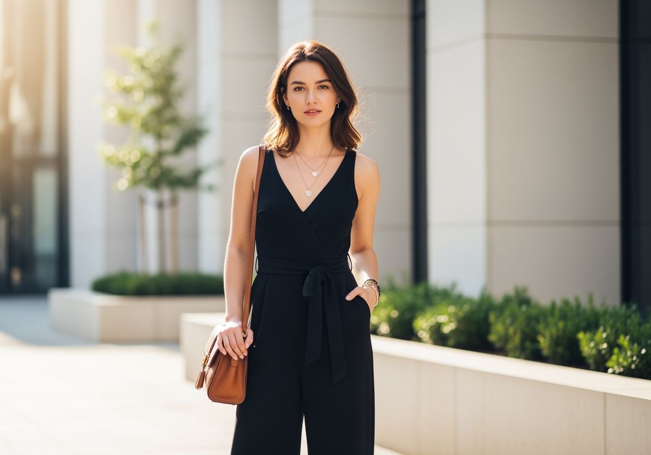 Stylová žena v černém overal stojí v městském prostředí s moderní architekturou a zelení.