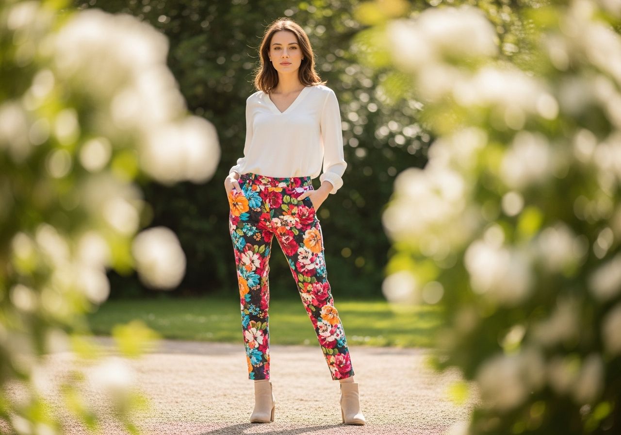 Mladá žena stojí venku v barevných květovaných kalhotách a bílé blůze s květinovým pozadím.