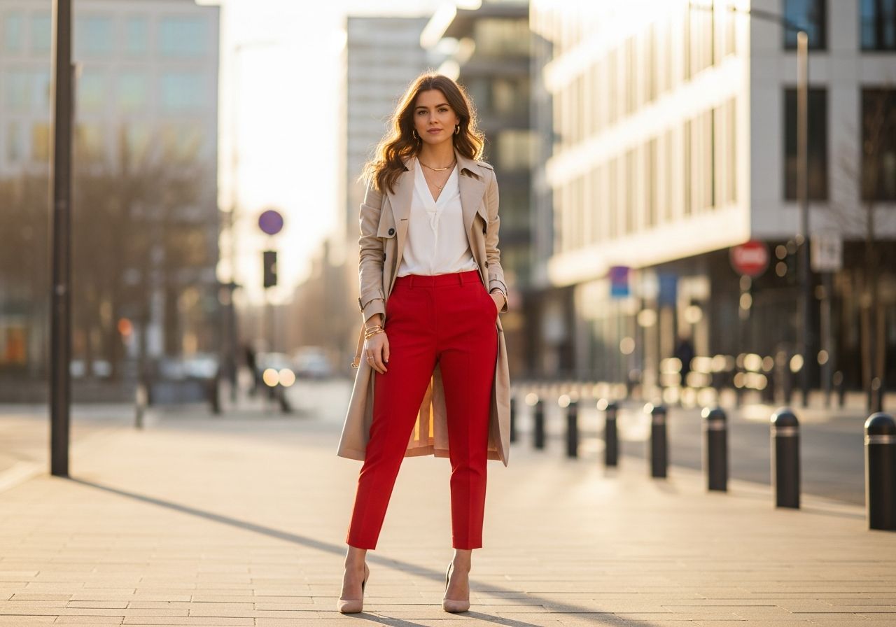 Mladá žena v červených kalhotech a béžovém kabátě na městské ulici za zlaté hodiny