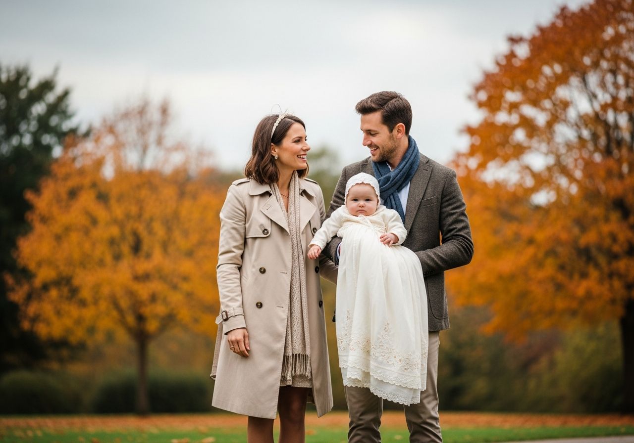 Stylizovaná rodina na podzimní křtu venku s dítětem v bílých šatech a barevnými stromy v pozadí