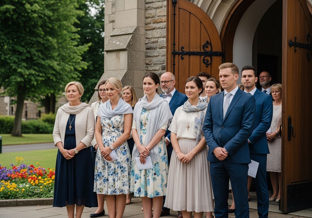 Skupina lidí v oblečení stojí před kamenným kostelem při bohoslužbě za denního světla.