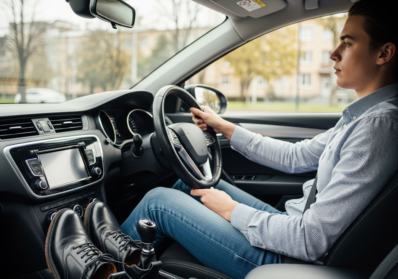 Mladý řidič připravený k řidičskému testu sedí za volantem v moderním autě v denním světle.