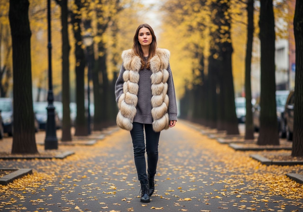 Mladá žena v kožichu a svetru kráčí podzimní ulicí se spadlým listím kolem.