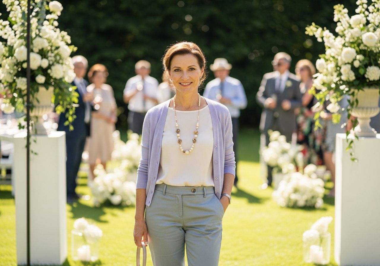 Elegantní žena ve čtyřiceti letech na zahradní svatbě v pastelovém oblečení, hosté v pozadí.