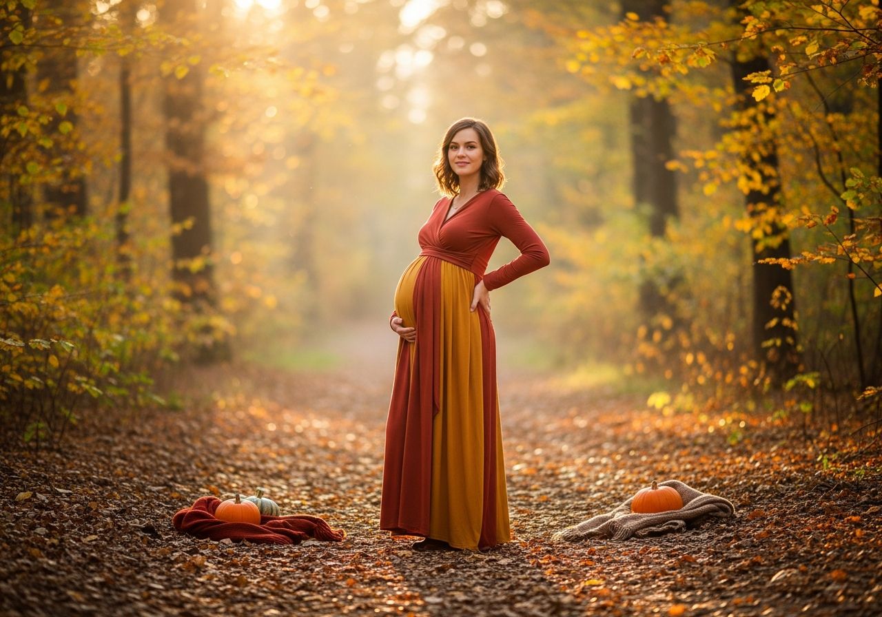 Těhotná žena v podzimním lese v pohodlných šatech stojí na cestě s listím kolem a dýněmi poblíž