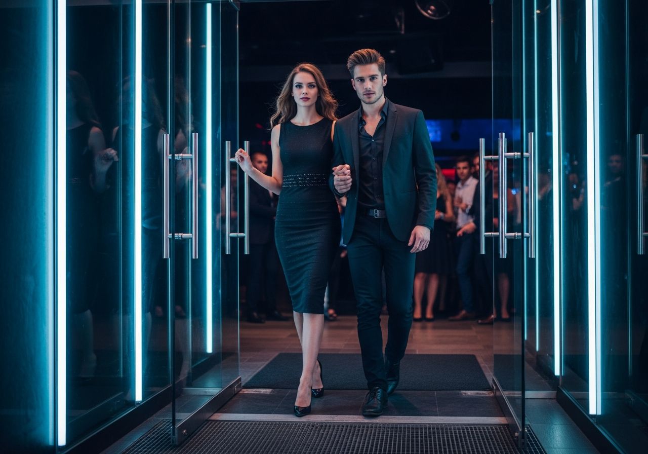 Mladý pár v moderním klubu za nocí v módním oblečení, neonové osvětlení a rušná atmosféra kolem.