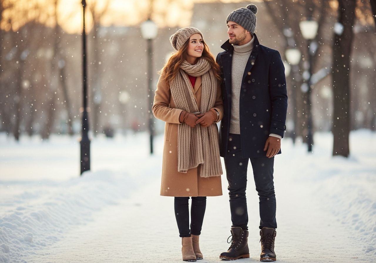 Mladý pár v zimních kabátech stojí venku v zasněženém parku při zlaté hodině.