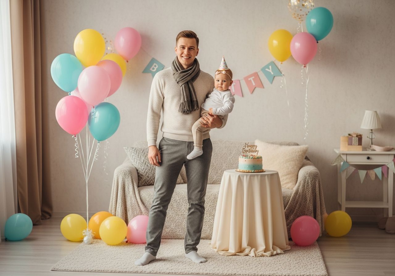 Stylový rodič u stolu s dortem na oslavu prvních narozenin v pokojí s balónky a dekoracemi