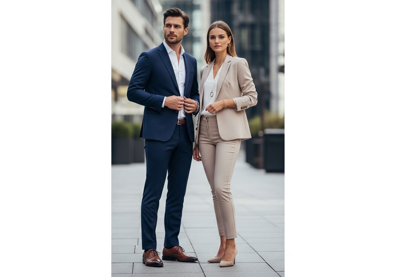 Muž a žena v elegantních sakách stojí ve městě, zaměřeno na oblečení, měkké denní světlo.