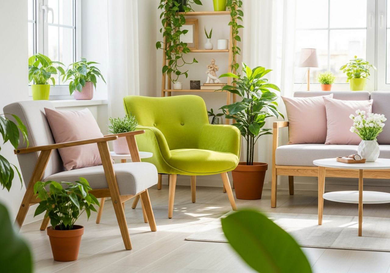 Moderní interiér s limetkově zeleným křeslem, pastelovými polštáři, dřevěným nábytkem a rostlinami.