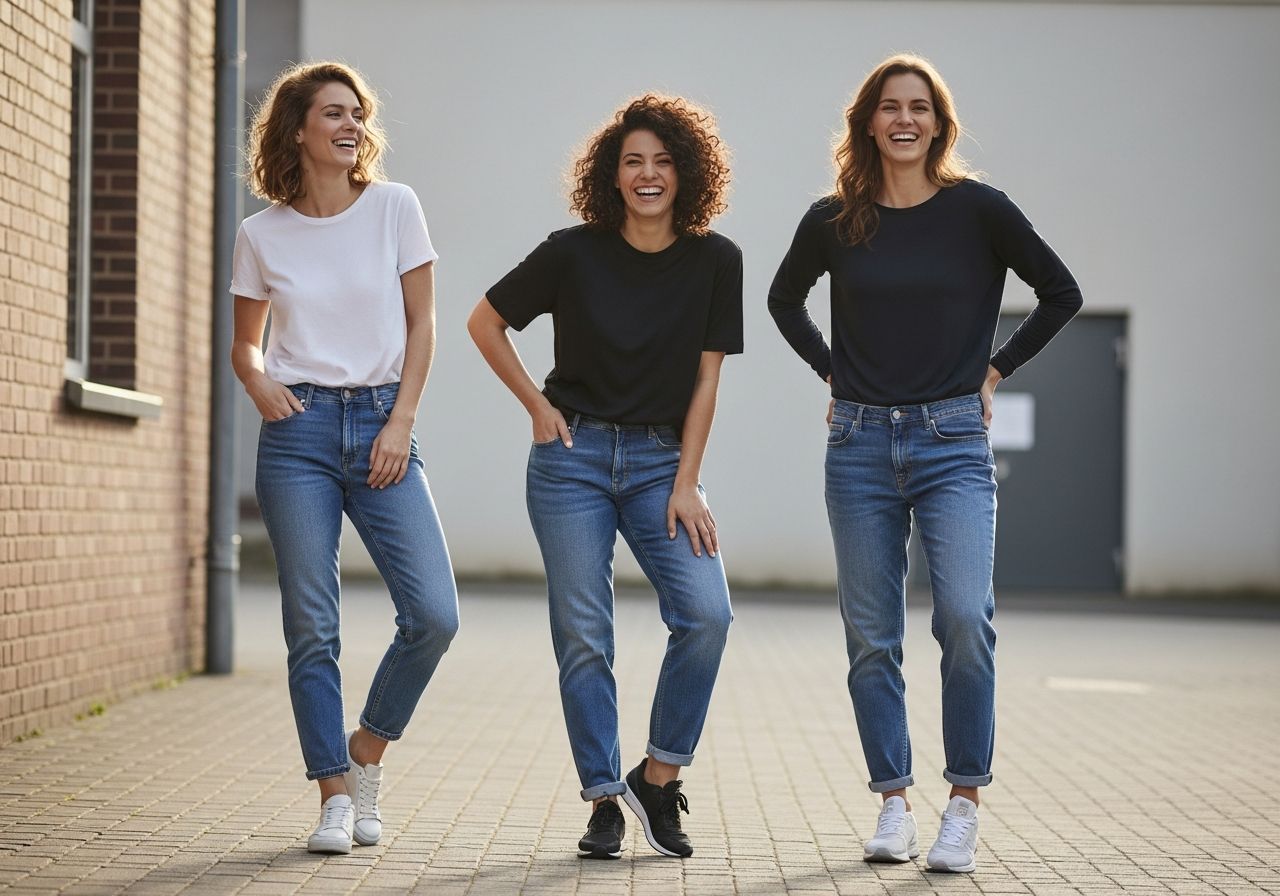 Tři ženy v boyfriend džínách a teniskách pózují a smějí se ve městě na neutrálním pozadí.