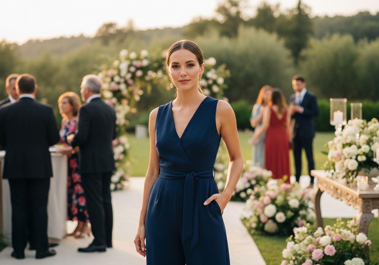 Žena v moderním overal na zahradní svatbě za zlaté hodiny s jemným líčením a přirozeným účesem