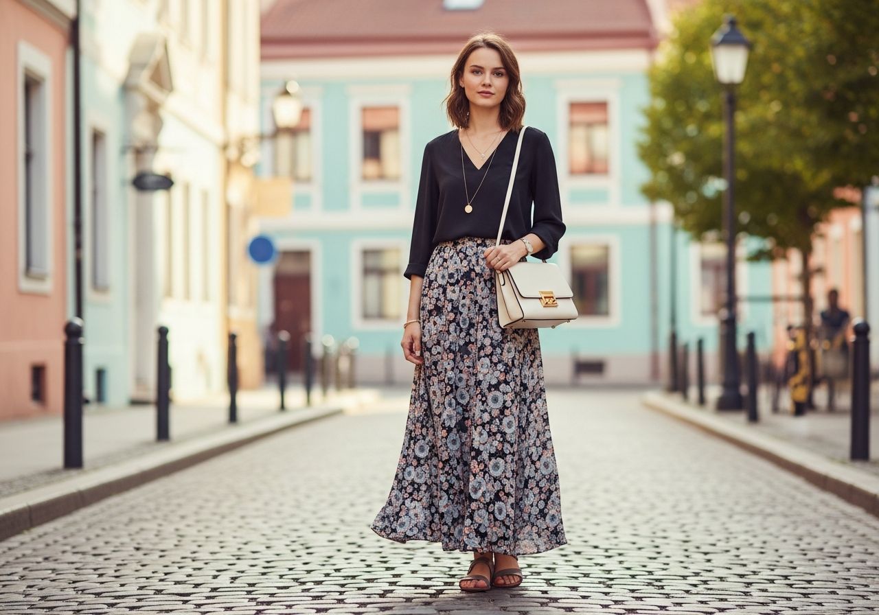 Mladá žena v dlouhé sukni a blůze stojí na dlážděné ulici s městským pozadím.