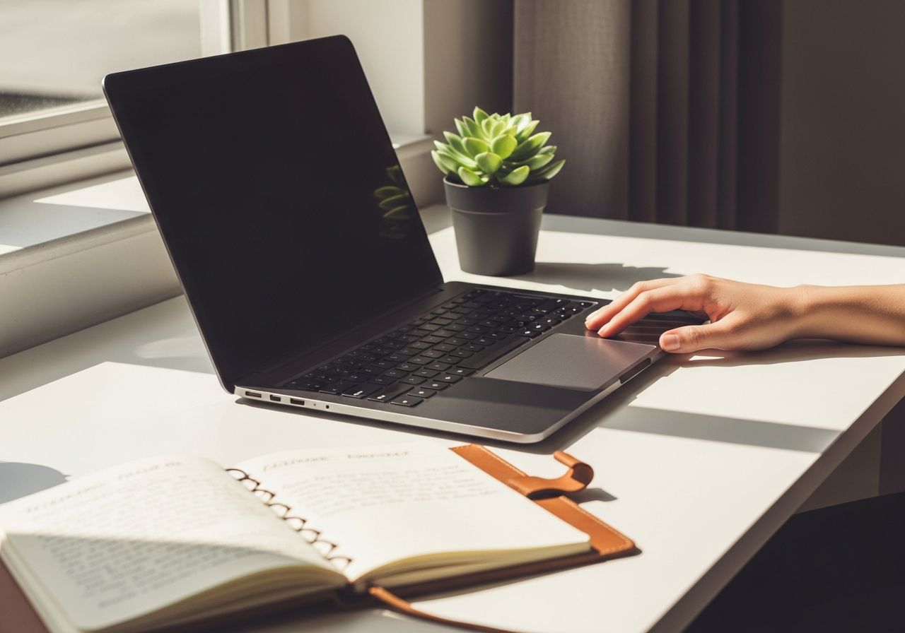 Minimalistické pracoviště s černým notebookem, zelenou sukulentní rostlinou a zápisníkem na bílém stole.