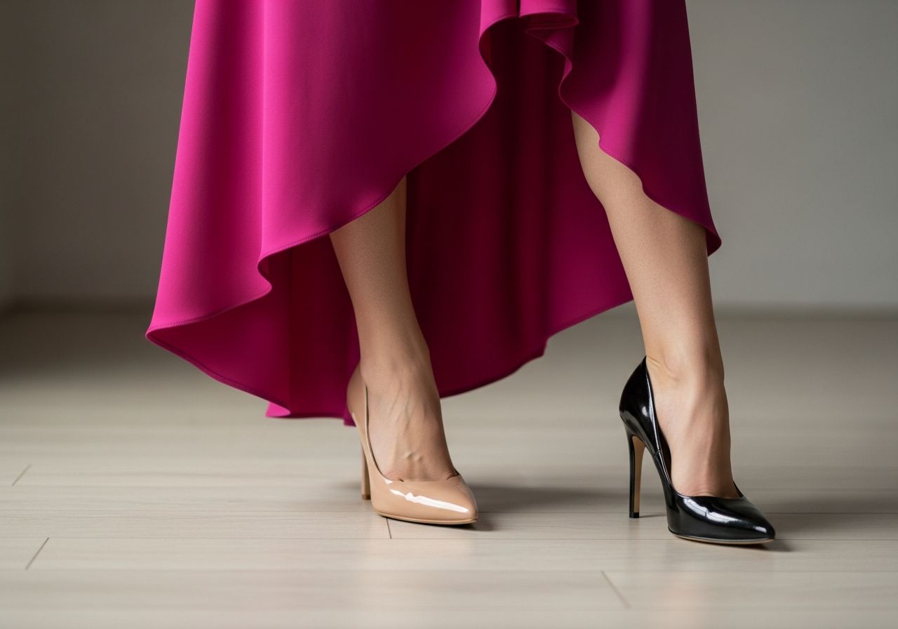 Ženské nohy v elegantních růžových šatech a lodičkách na světlé dřevěné podlaze, rozmazané pozadí.