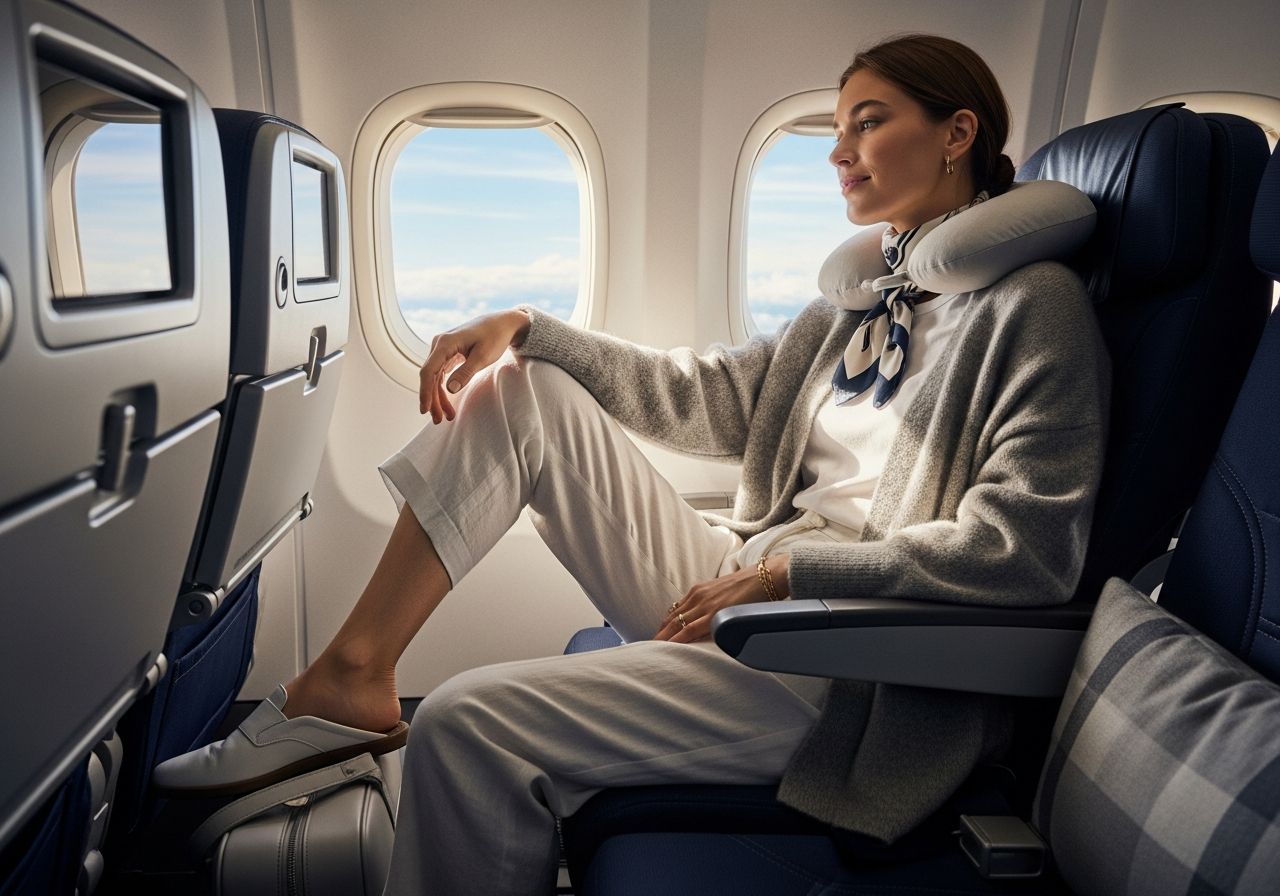 Mladá žena sedí u okna v letadle, má šátek na krku a pohodlné oblečení, dívá se na modrou oblohu.