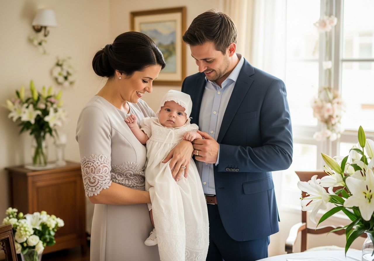 Rodina připravující se na křest, matka drží dítě v bílých šatech v útulném obýváku.