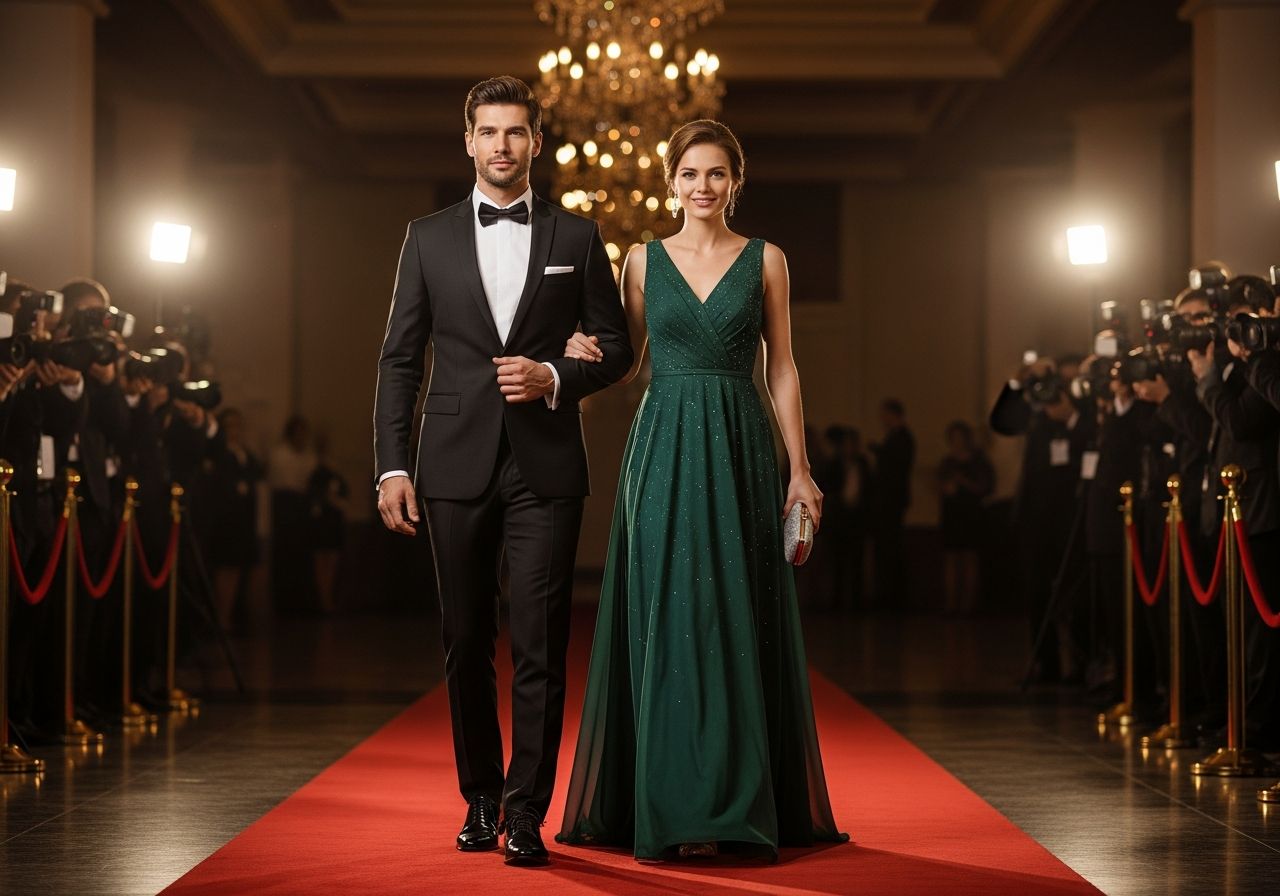 Muž v černém smokingu a žena v zelených šatech kráčí po červeném koberci na večerní akci.