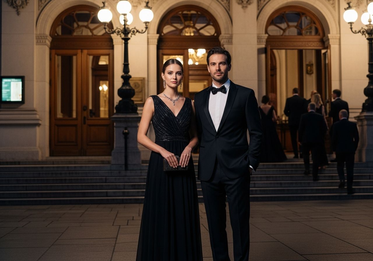 Mladý pár ve večerních róbách před historickou operou s osvětlením a dalšími hosty.