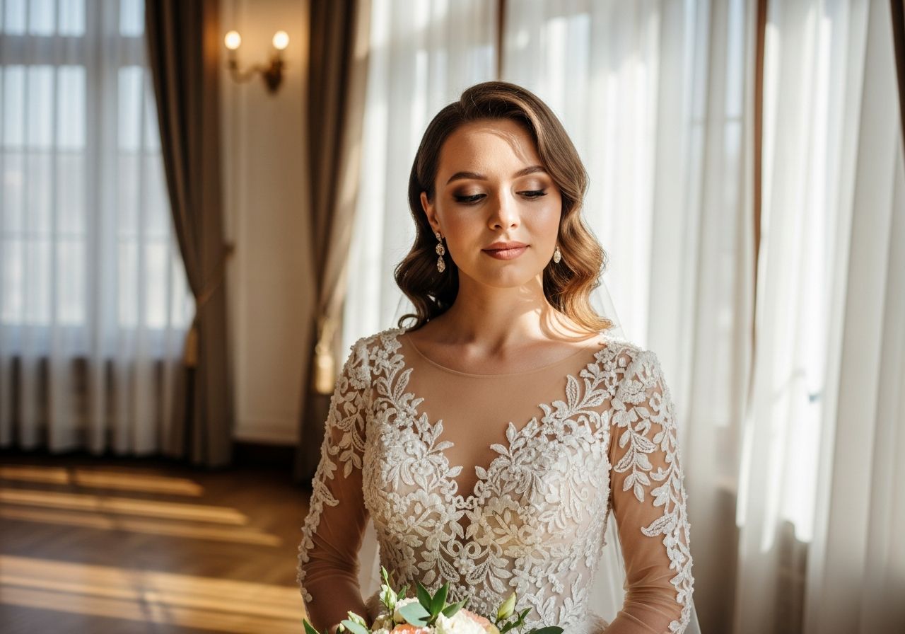Stylová nevěsta v moderních svatebních šatech s kyticí stojí ve světlé místnosti u oken s bílými záclonami