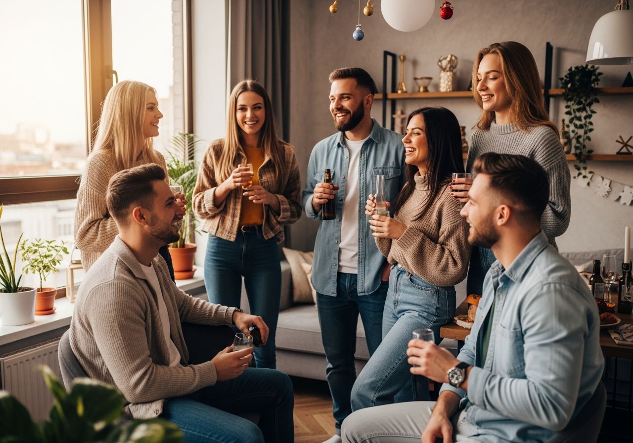 Skupina přátel na domácí párty ve světlém moderním bytě s nápoji a přirozenou konverzací.