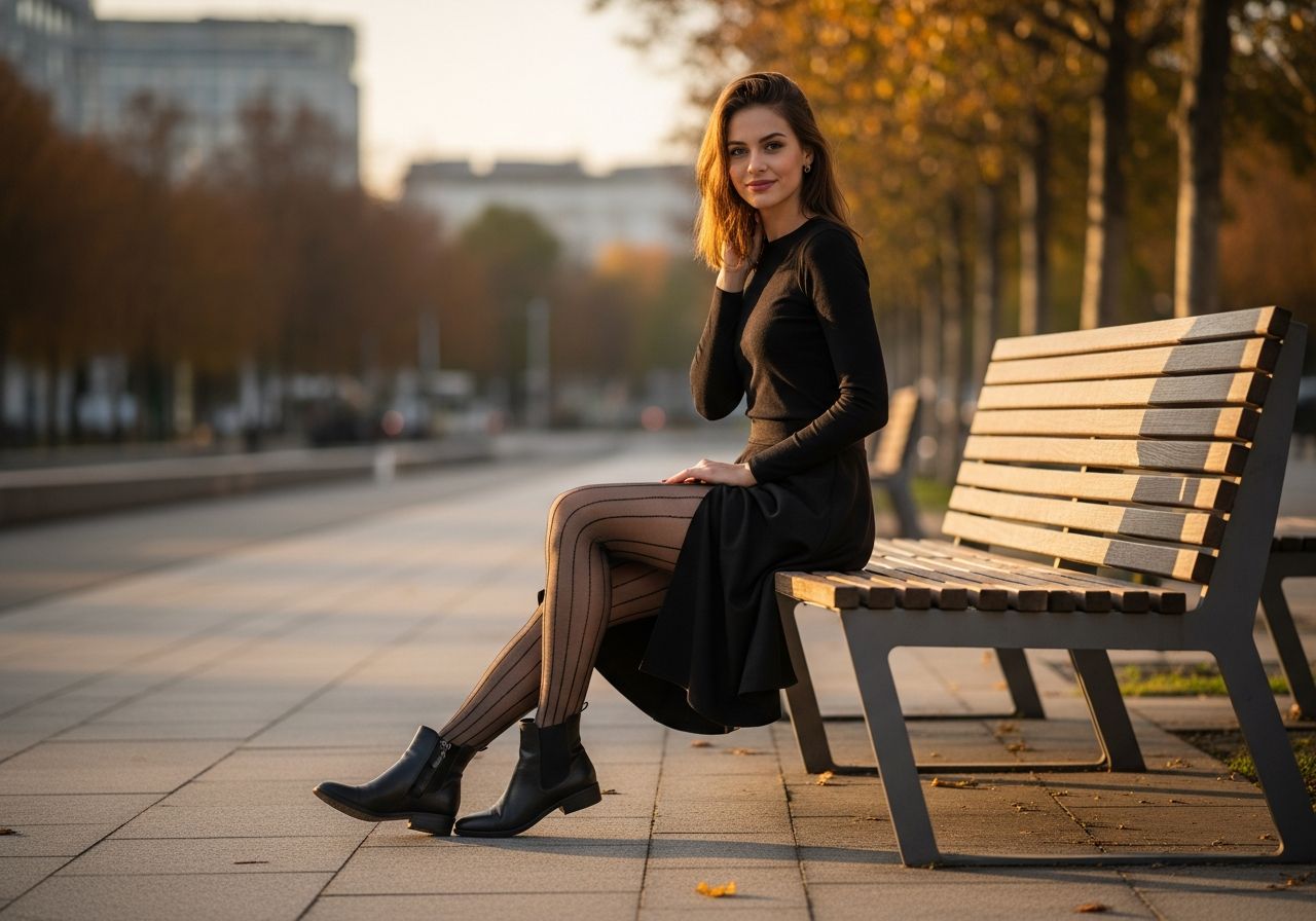 Mladá žena sedí na dřevěné lavičce v parku během zlaté hodiny, oblečená v punčochách a midi sukni.