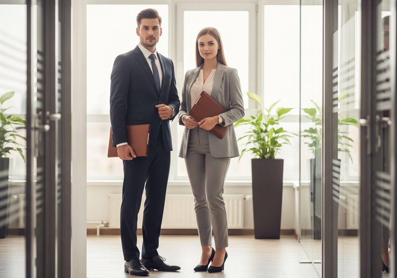 Mladý muž a žena připraveni na pracovní pohovor stojí v moderní kancelářské chodbě.