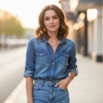 Mladá žena v džínové košili a kalhotách stojí venku na městské ulici za zlaté hodiny.