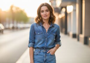 Mladá žena v džínové košili a kalhotách stojí venku na městské ulici za zlaté hodiny.